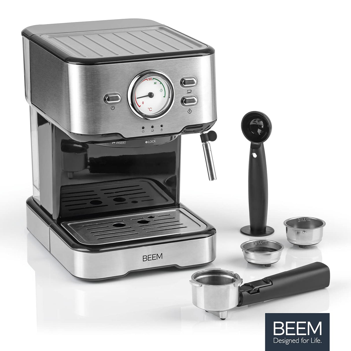 BEEM ESPRESSO-SELECT Máquina de café espresso en diseño clásico | Máquina portafiltros con 15 bar y boquilla de espuma de leche profesional para tus especialidades de café | Especialidades del café