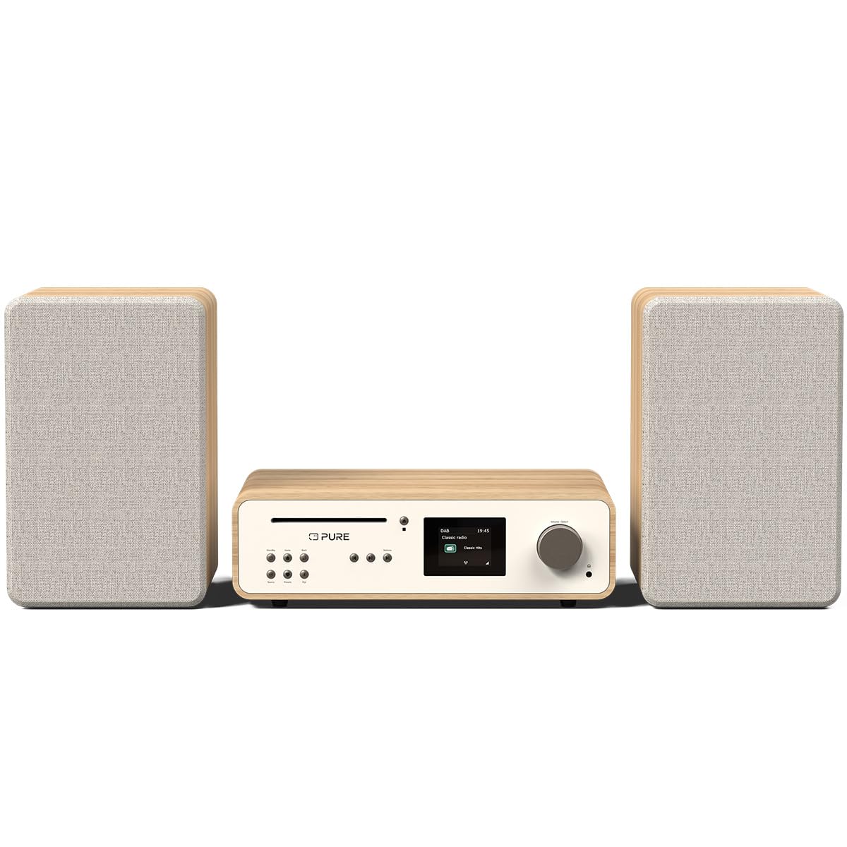 Pure Sistema de música HiFi Pure Classic Stereo, Sistema Compacto (100 W de Sonido, Radio por Internet, Dab+/FM, Bluetooth, Reproductor de CD, USB y Spotify Connect), Blanco algodón/Roble