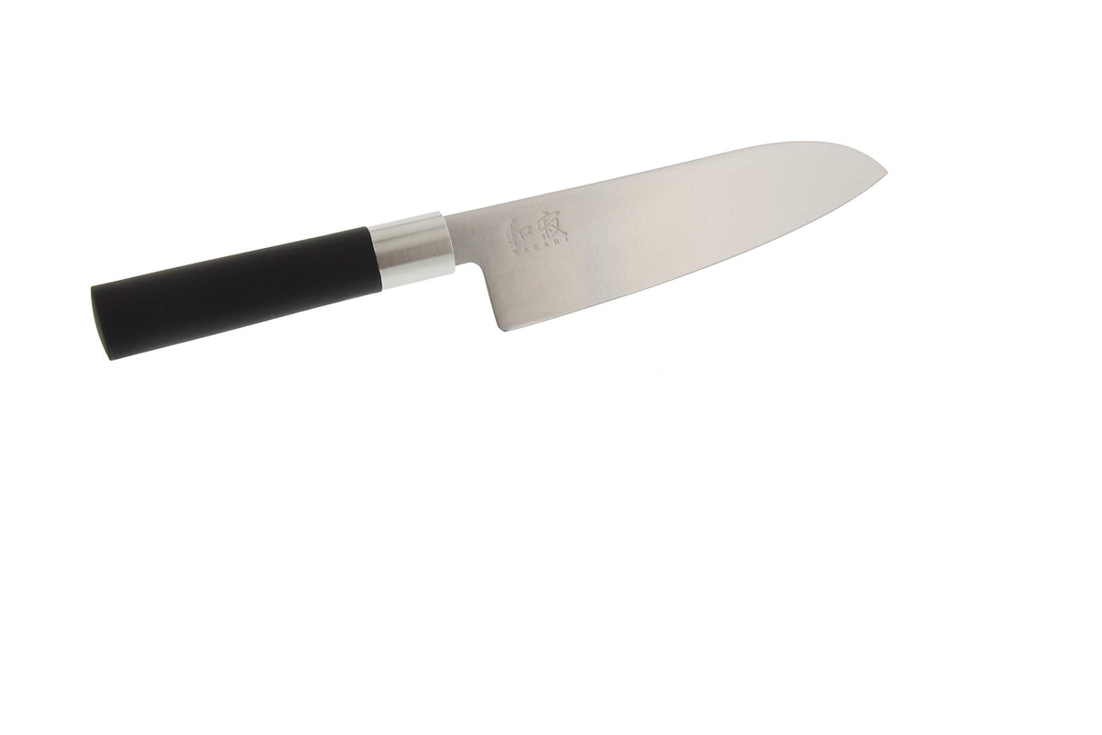 KAI Wasabi Black Juego de cuchillos 3 piezas - Cuchillo multiusos de 10 cm, Cuchillo multiusos de 15 cm, Santoku de 16,5 cm - Acero inoxidable 6A/1K6 pulido 58 (±1) HRC - Mango de polipropileno negro