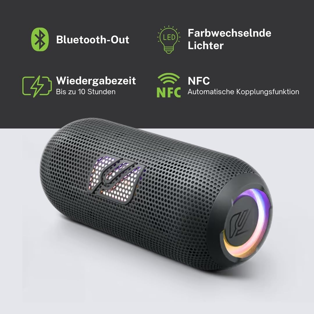 Muse M790BT. Altavoz portatil Bluetooth Resistente a Las Salpicaduras con Luces incorporadas. 60 W de Potencia. Manos Libres. Posibilidad de par Stereo. Concector de Carga USB-C. Batería de 2700 MAH