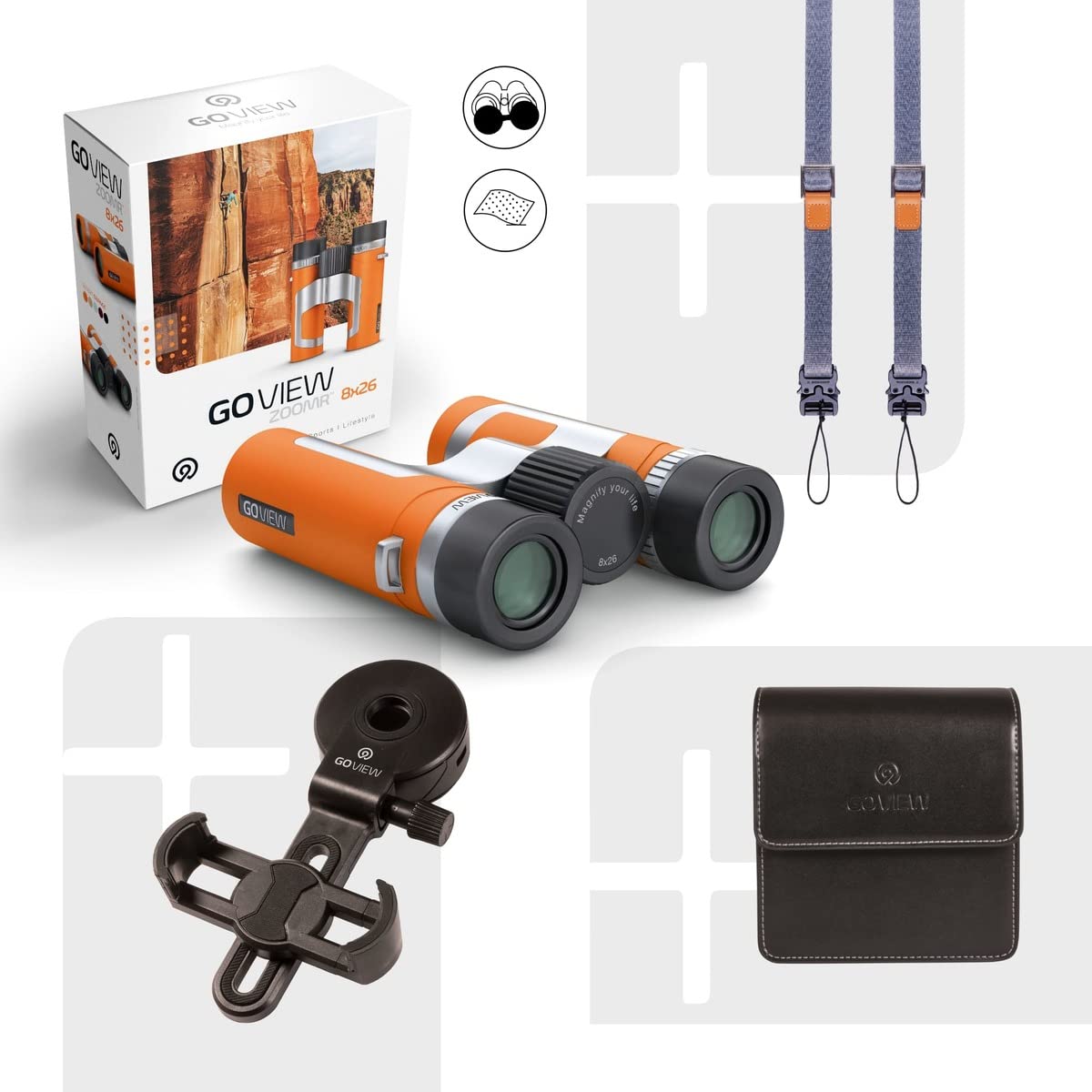 GoView ZOOMR 8x26 prismáticos pequeños y Ligeros (Aumento de 8X, Carcasa de magnesio, Incluye Adaptador para Smartphone y Accesorios) Sunset Naranja