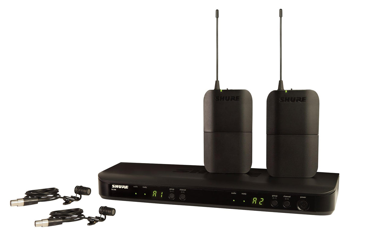 Micrófono inalámbrico Shure BLX188/W85 UHF - Adecuado para oradores y artistas - Batería dura 14 horas, alcance de 100m - Incluye (2) micrófonos de solapa y receptor de doble canal - Banda T11