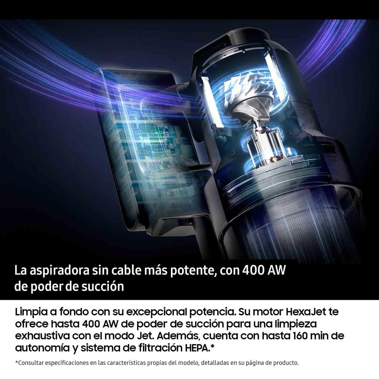 Samsung Aspiradora sin Cable Bespoke AI Jet Ultra 400W con Sistema de filtración HEPA VS90F40DEK/WA
