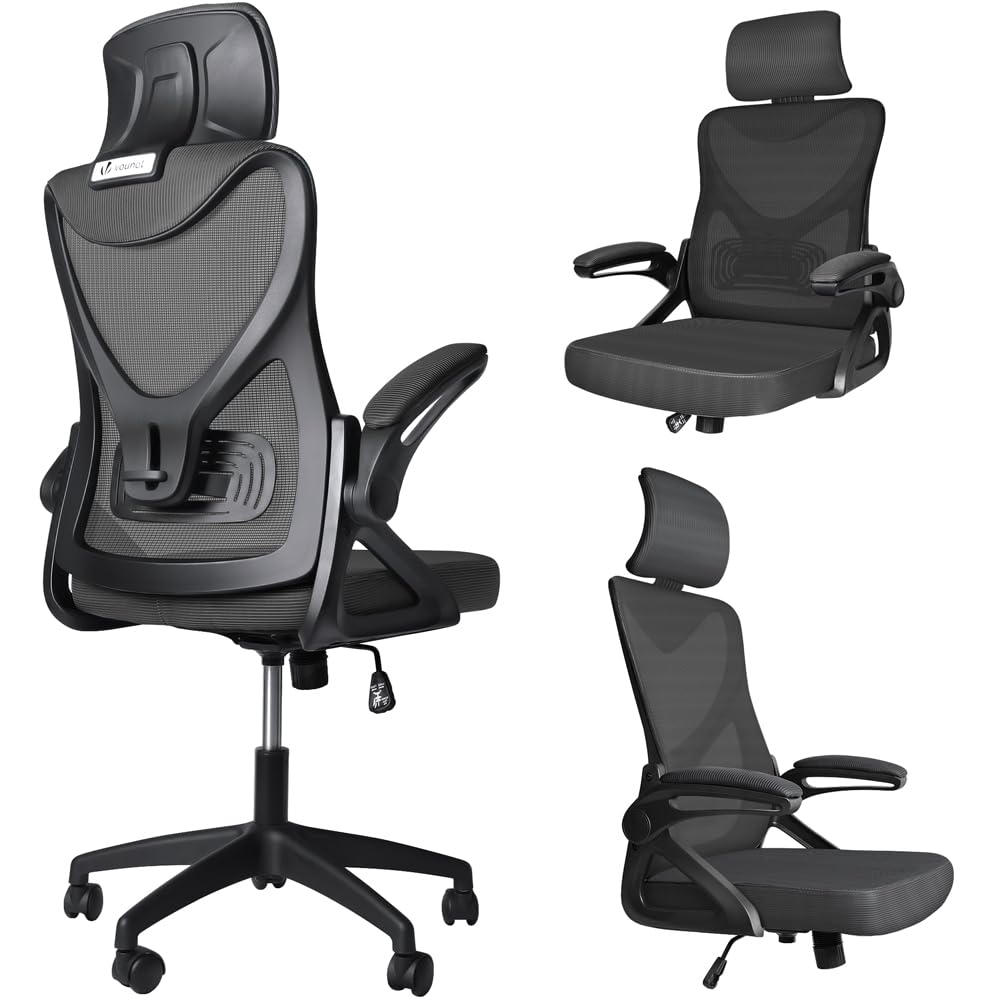 VOUNOT® Silla Oficina Ergonómica, Silla de Escritorio para Ordenador, Ajustable y Reclinable con Reposacabezas, Soporte Lumbar y Reposabrazos Abatibles, Malla Transpirable Ruedas Giratorias 360° Negro