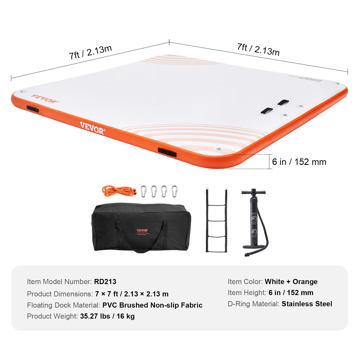 VEVOR Muelle Flotante Hinchable 2,13 x 2,13 m Plataforma de Muelle Inflable Alfombrilla Flotante Antideslizante con Bolsa de Transporte Portátil Escalera Extraíble Balsa de Isla para Piscina, Playa
