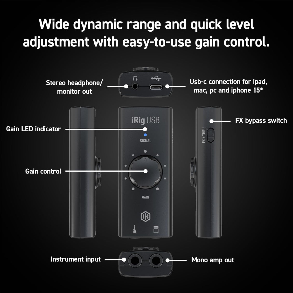 iRig USB, interfaz USB-C para guitarra y bajo para Mac, PC, iPad y modelos de iPhone con puerto USB-C, incluidos iPhone 15, iPhone 15 Plus, iPhone 15 Pro y iPhone 15 Pro Max