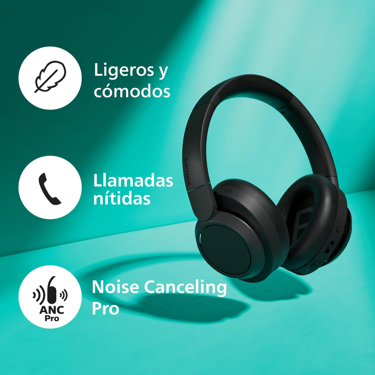 Philips Audio TAH6509BK/00 Auriculares Over-Ear inalámbricos Bluetooth con ANC, Compatible con asistentes de Voz, hasta 70 Horas de reproducción de música - Negro