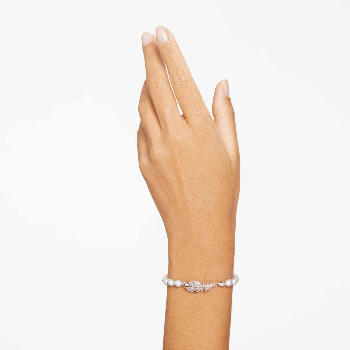Swarovski Pulsera Nice, con Cadena de Swarovski Crystal Pearls, Motivo de Pluma en Pavé Rosa, Baño Tono Oro Rosa, S