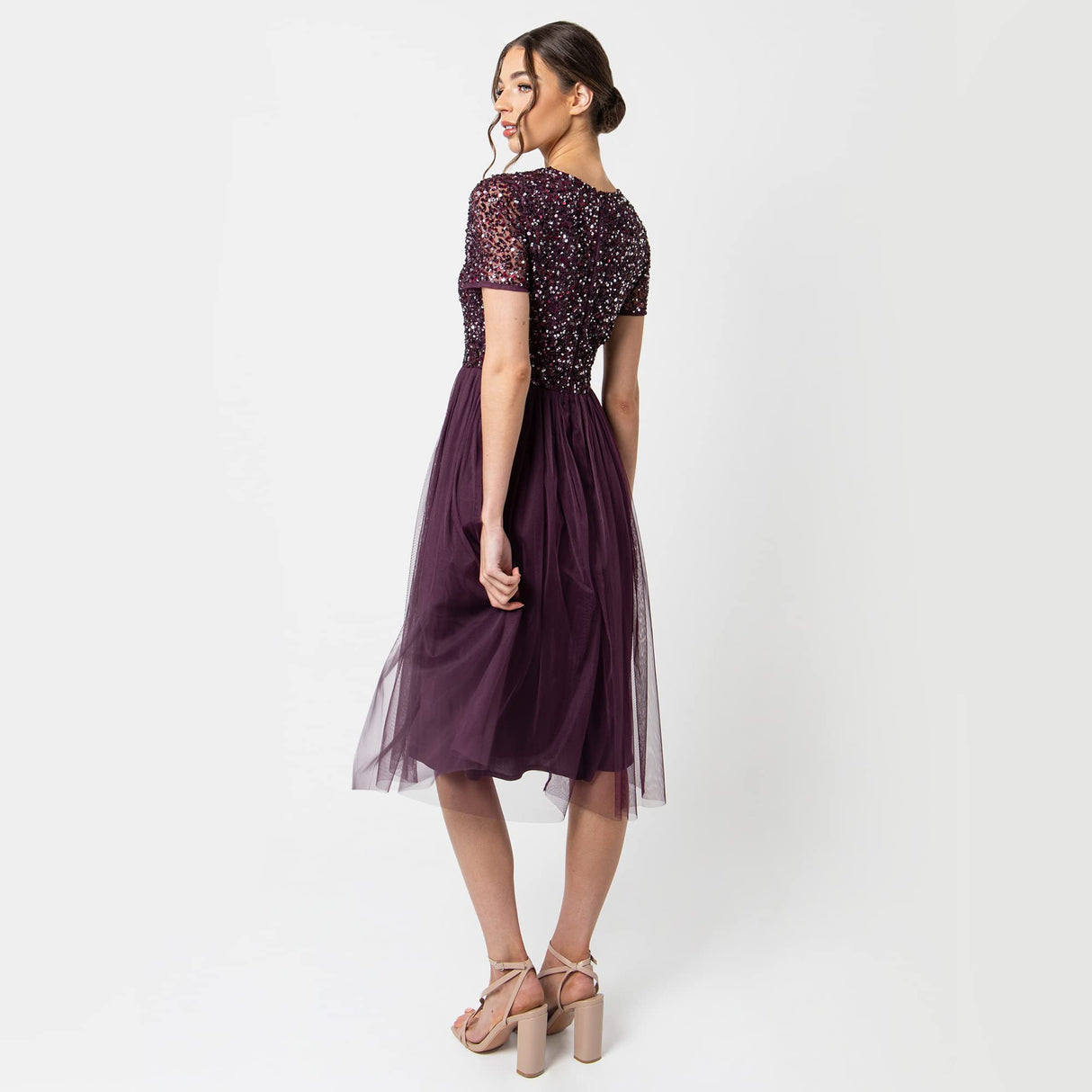 Maya Deluxe Vestido de Noche Midi Adornado para Mujer, Cuello En V con Manga Corta para Baile de Graduación Y Boda Dama de Honor, Frutas del Bosque, 48
