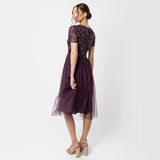 Maya Deluxe Vestido de Noche Midi Adornado para Mujer, Cuello En V con Manga Corta para Baile de Graduación Y Boda Dama de Honor, Frutas del Bosque, 48