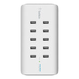 Belkin Rockstar - Cargador de 10 Puertos USB-A, Carga rápida de 2.4 A por Puerto, protección contra sobretensiones integrada, Color Blanco