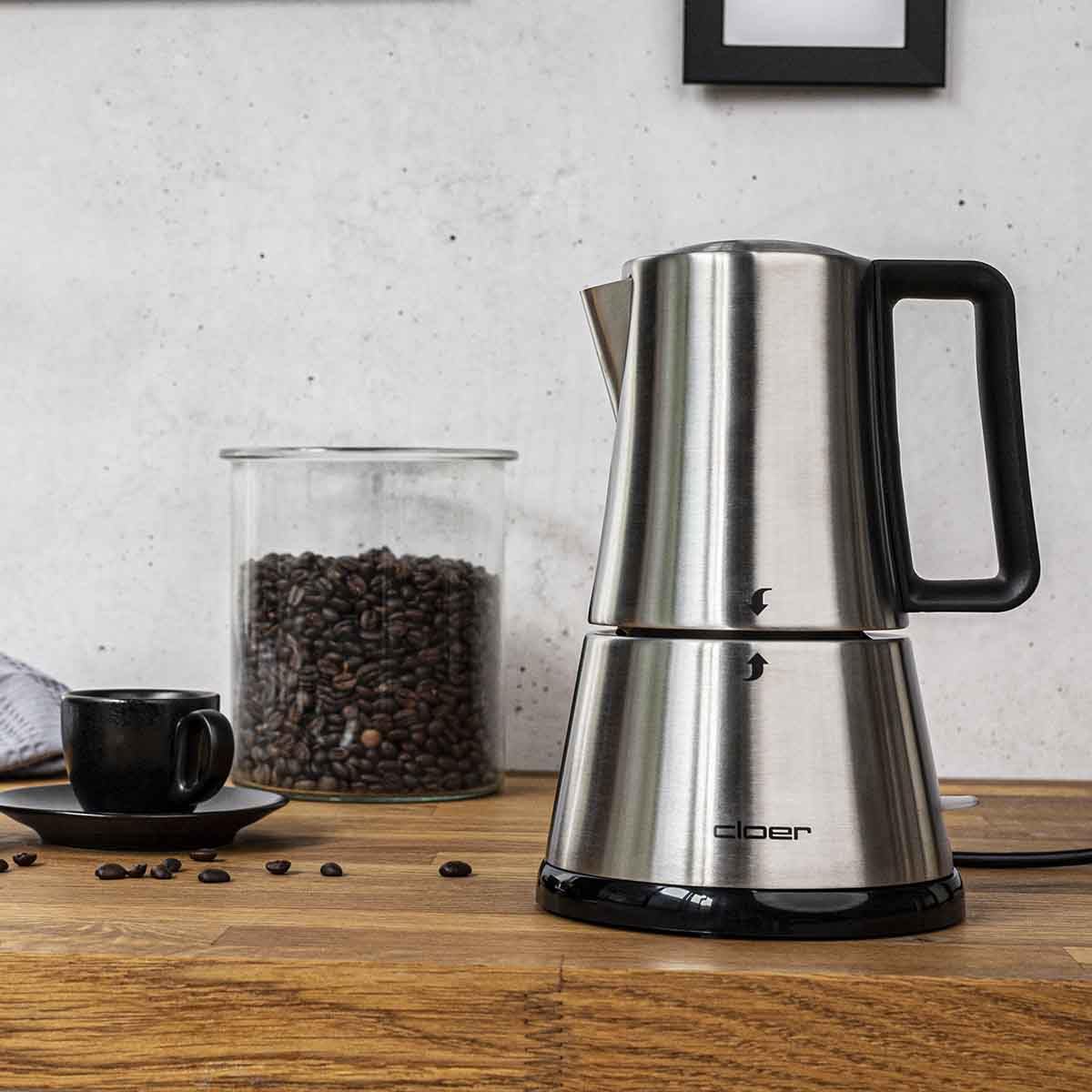 Cloer 5928 Cafetera espresso eléctrica, 3-6 tazas, un filtro de acero inoxidable, Apagado automático, Indicador de nivel de agua, Interruptor encendido / apagado, 365 vatios, acero inoxidable
