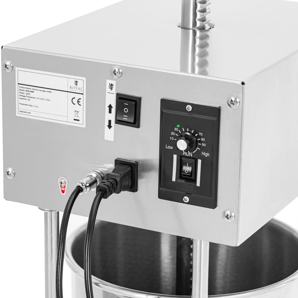 Royal Catering Embutidora Eléctrica de 30 L 400 W con 4 Tubos de Llenado Incluidos Pedal Máquina de embutir Embutidora de chorizo eléctrica Embutidor profesional