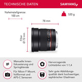 Samyang F1111203102 - Objetivo fotográfico DSLR para Nikon F Ae (Distancia Focal Fija 85mm, Apertura f/1.4-22 AS IF UMC, diámetro Filtro: 72mm), Negro