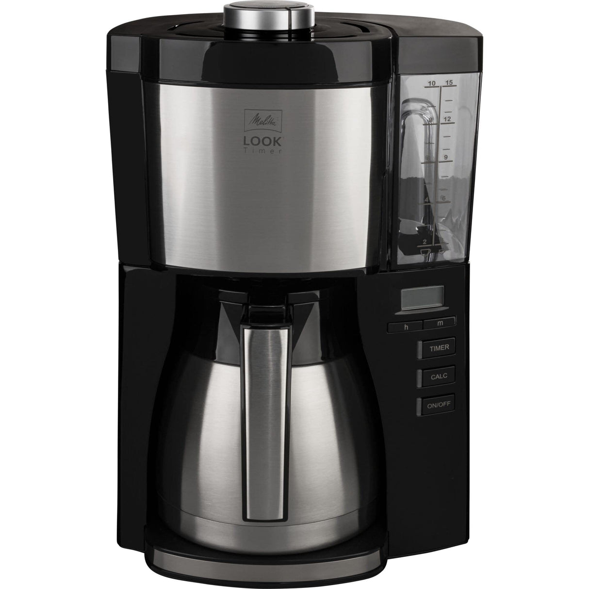 Melitta Look V Timer 1025-18 - Cafetera de goteo con jarra de acero inoxidable, cafetera de filtro con temporizador, máquina de café para 10 tazas con protección antical, negro