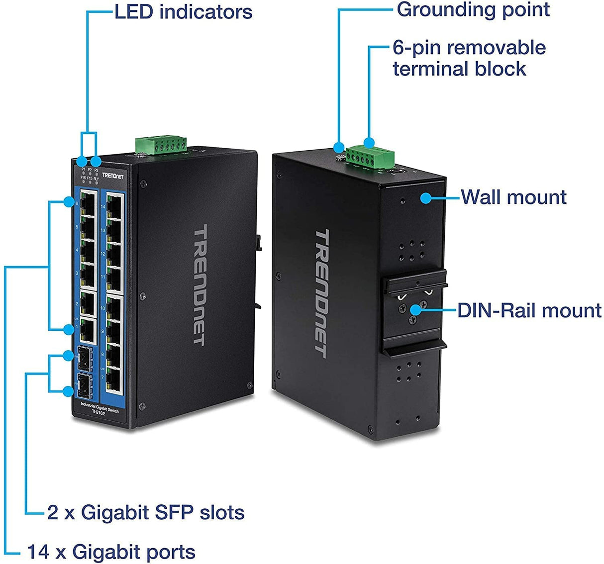 TRENDnet, TI-G162, Switch DIN-Rail Gigabit Industrial de 16 Puertos, 14 Puertos Gigabit, 2 Ranuras SFP Gigabit, Capacidad de conmutación de 32 Gbps