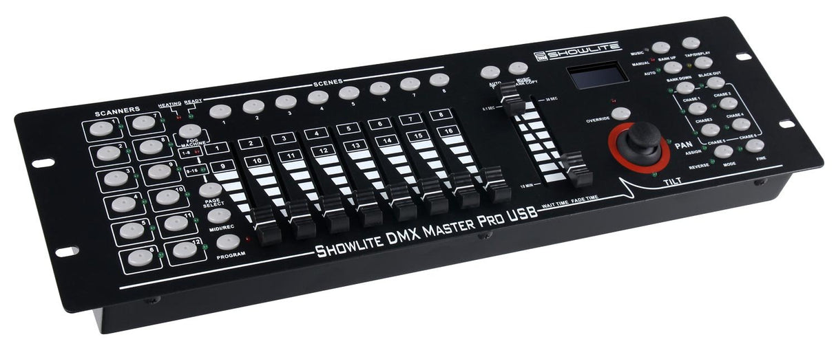 Controlador DMX Showlite Master Pro 192 canales, control profesional de iluminación, conexión USB para datos, hasta 240 memorias de escenas, entrada MIDI estándar de 5 pines.