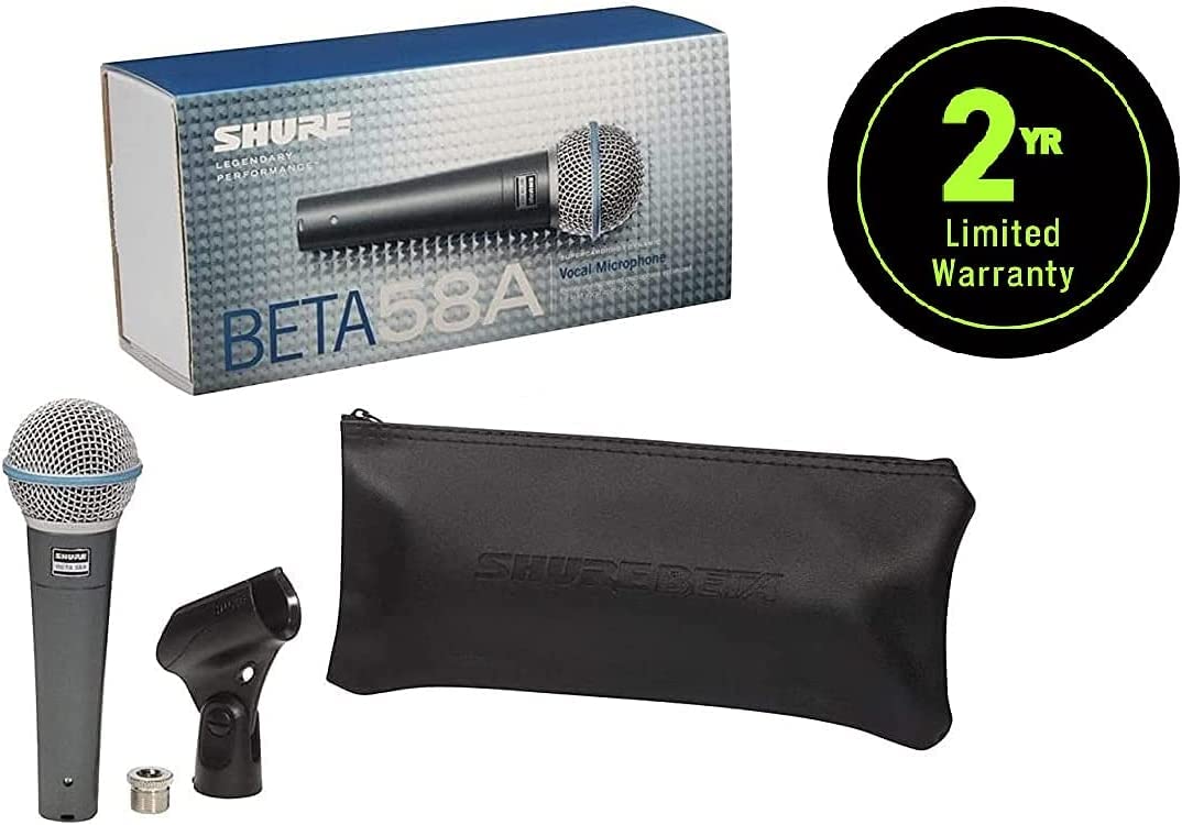 Shure Beta 58A Micrófono Vocal dinámico supercardioide de un Solo Elemento para Escenario y Estudio, Incluye Adaptador de Soporte Ajustable A25D, Adaptador de Rosca de 5/8 a 3/8