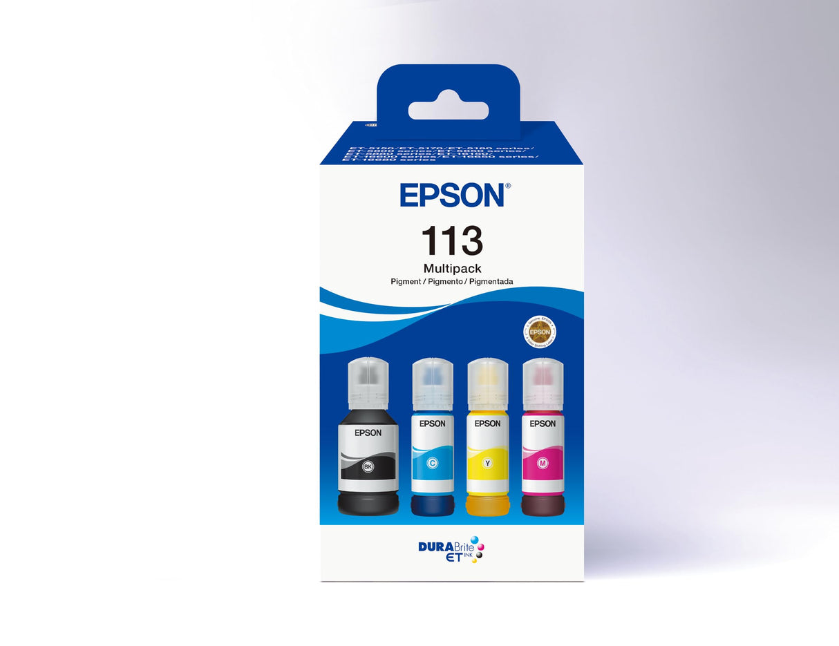 Epson Botellas de Tinta Originales EcoTank de la Serie 113 Colores Cian, Magenta, Amarillo y Negro