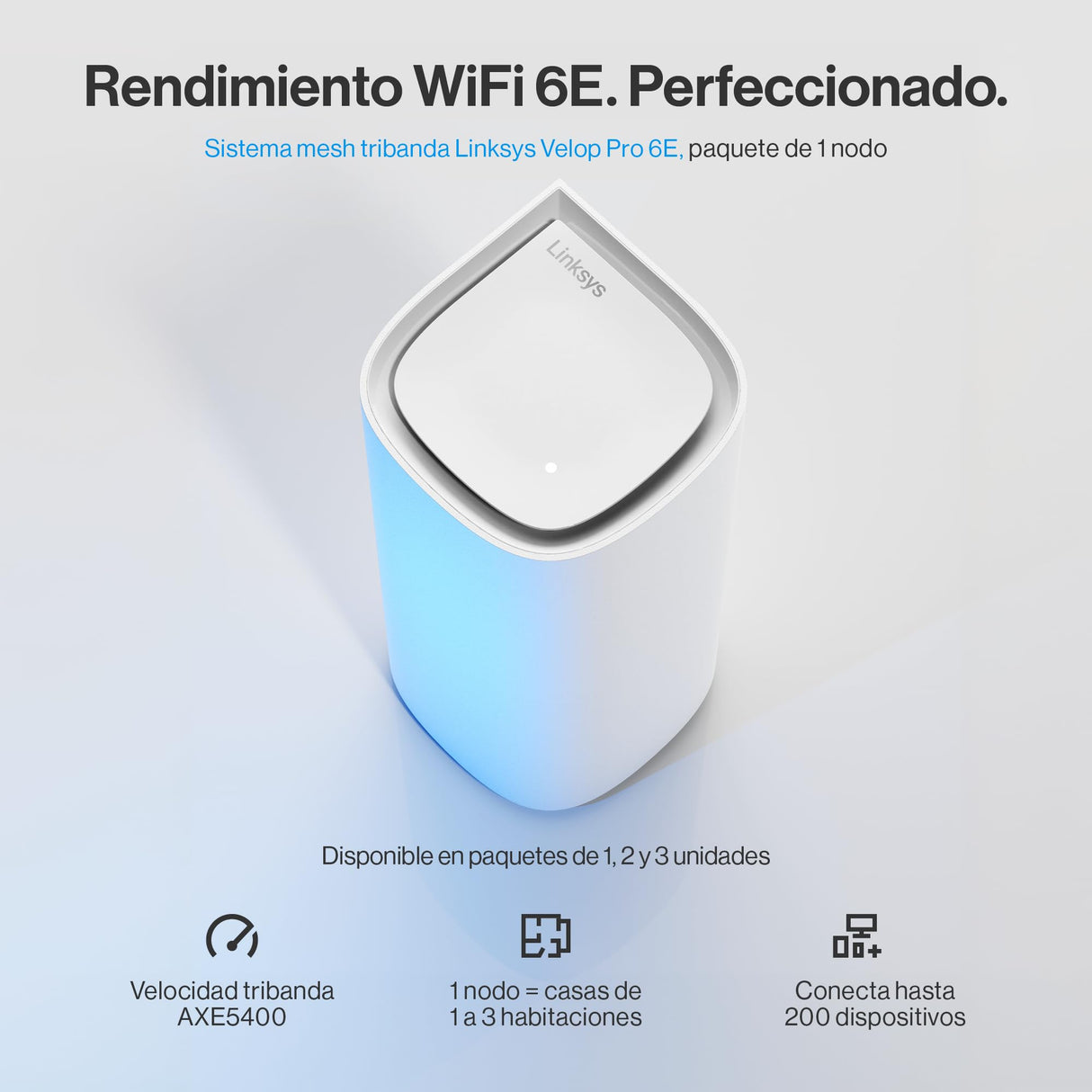 Linksys Velop Pro WiFi 6E Mesh System MX6201-KE Router Cognitive Mesh con Banda de 6 GHz y 5.4 GB/s, Cobertura para Casas de hasta 275 m² y 200 Dispositivos, Paquete de 1 Unidad