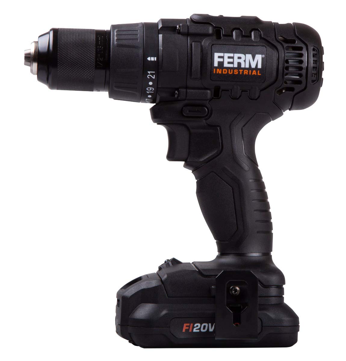 FERM Taladro inalámbrico industrial, FI20 V, 50 Nm, motor de 4 pines, incluye 2 baterías de 2,0 Ah y maletín de almacenamiento