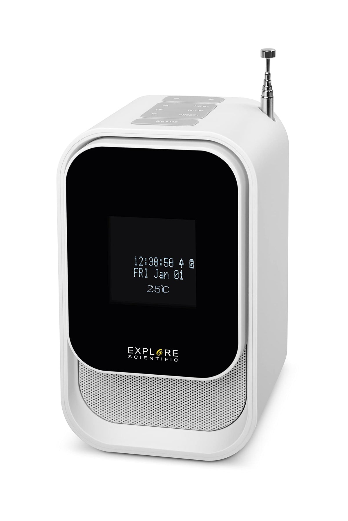 Explore Scientific BCR2001 - Radio Despertador con función Dab+, Bluetooth, Toma USB, batería Recargable, Color Blanco