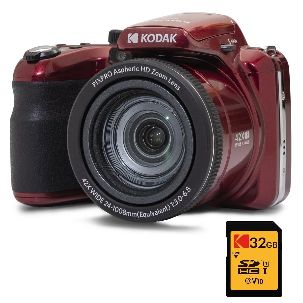 KODAK Pack Digital Bridge Pixpro Astro Zoom AZ425 + Tarjeta SDHC de 32 GB – Cámara de 20 MP, Zoom Optico de 42x, Gran Angular, Pantalla LCD de 3", Video Full HD 1080p, Batería de Litio-Ion – Rojo