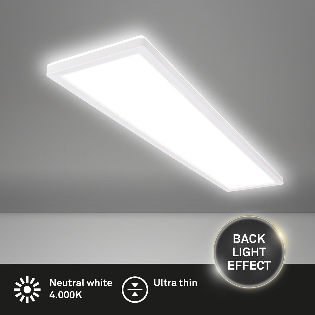 BRILONER - Plafón LED, Panel LED, Ultra Plano, Efecto Retroiluminación, Luz Blanca Neutra, 36W, 4800 Lúm, Luces Habitacion, Rectangular, Cocina, Luz, 98x20 cm, Blanco