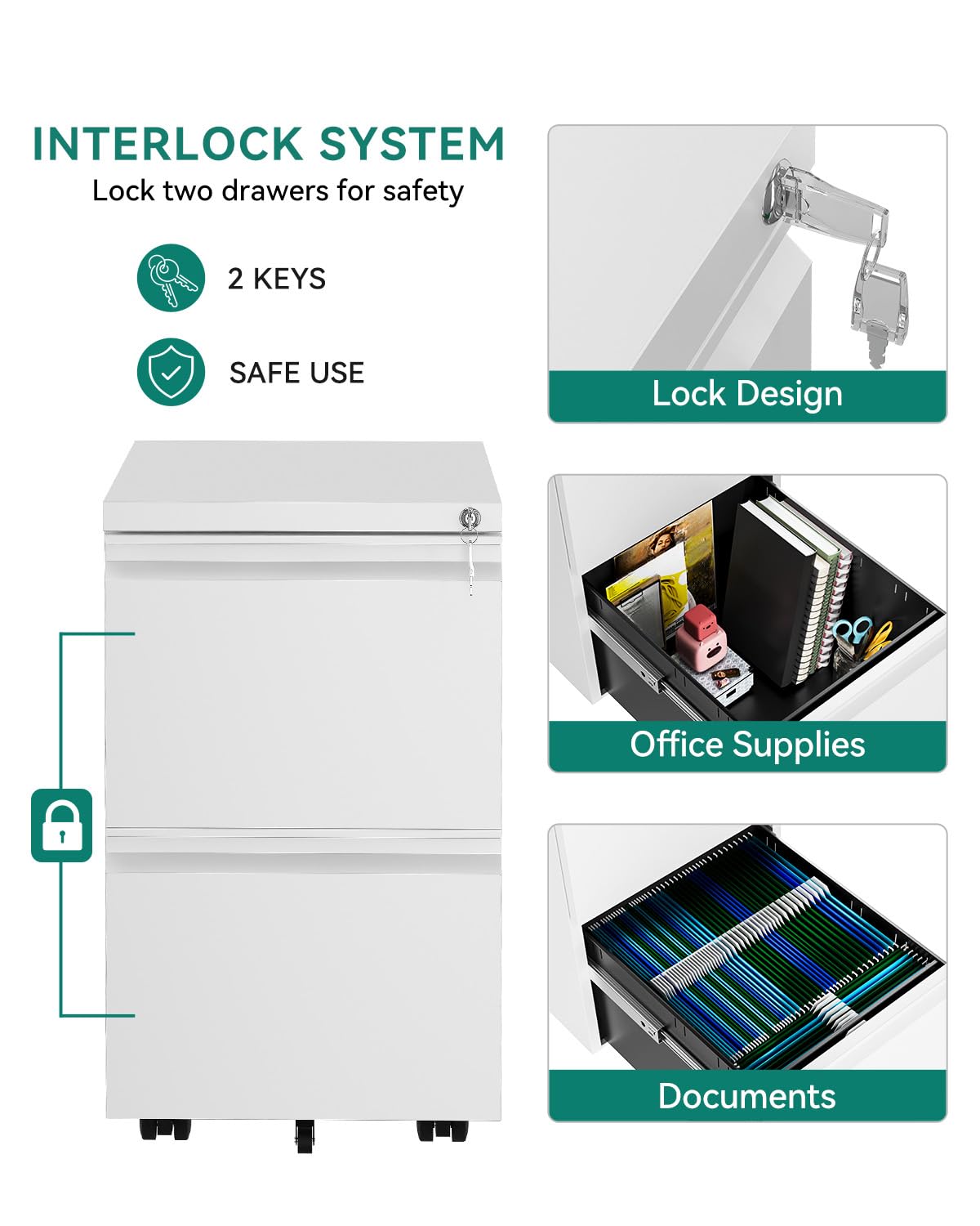 YITAHOME Archivador móvil con 2 cajones con cerradura, archivador antivuelco con rueda para oficina en casa, blanco, 51x39x71 cm