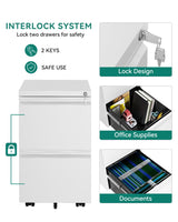 YITAHOME Archivador móvil con 2 cajones con cerradura, archivador antivuelco con rueda para oficina en casa, blanco, 51x39x71 cm