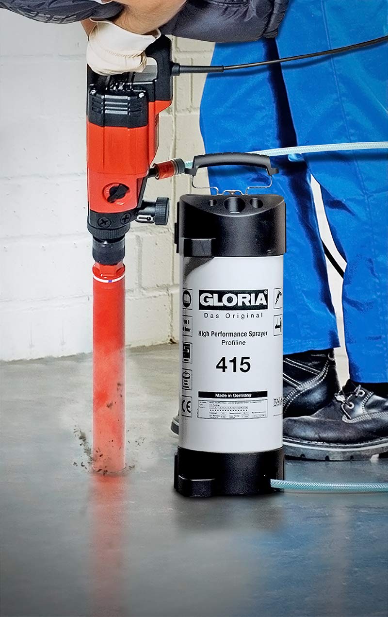 Gloria 415 Nebulizador profesional 10 l – Depósito de acero para suministro de agua en obras, manguera textil de 3 m, presión hasta 6 bar, con acoplamiento rápido