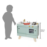 Janod - Cocina de Madera Loft - Juguete Imitación Cocina y Vajilla - Vintage y Actual - 7 Utensilios de Metal y Guante de Tela - Pintura al Agua - A Partir de 3 Años, J06556