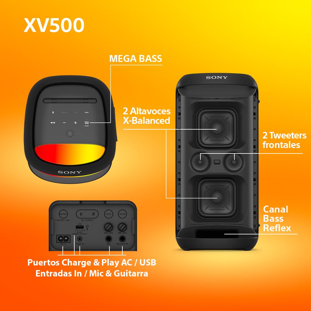 Sony SRS-XV500 Altavoz Inalámbrico Bluetooth para Fiestas, Sonido Potente, Mega Bass, 25h Autonomía, Portátil, Iluminación LED, Party Connect, Clasificación IPX4, Entrada Micrófono o Guitarra