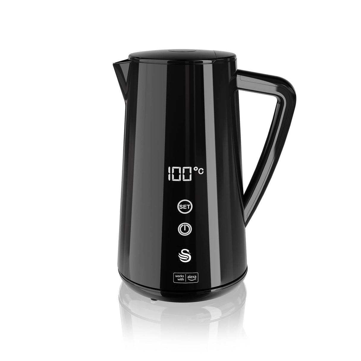 Swan Alexa Hervidor Agua Eléctrico Inteligente WIFI Smart Kettle 1,5L, Inalámbrico, Pantalla LED Táctil, Función Mantener Caliente, Pared Aislada Acero Inoxidable, 1800W, Negro, SK14650BLKN