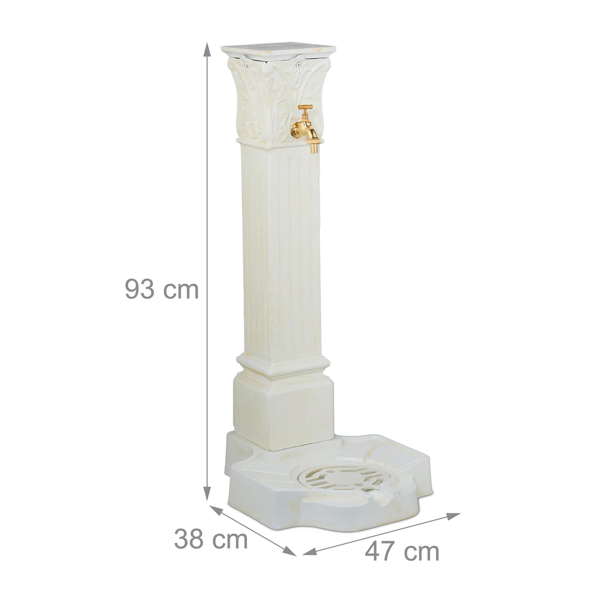 Relaxdays Fuente de Pie Antigua, con Grifo y Lavabo, 93x47x38 cm, Bebedero de Jardín, Terraza, Aluminio Fundido, Blanco, Latón