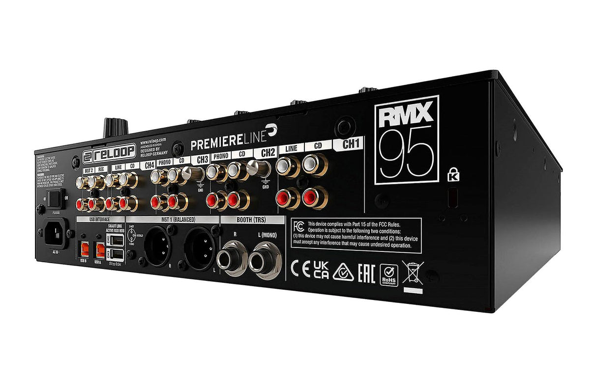 Reloop RMX-95 | Clubmixer de 4+1 canales para DJs con interfaz de alta calidad de 24 bits, unidad FX, filtros de sonido, modo EQ Neural Mix™ y hub USB activo