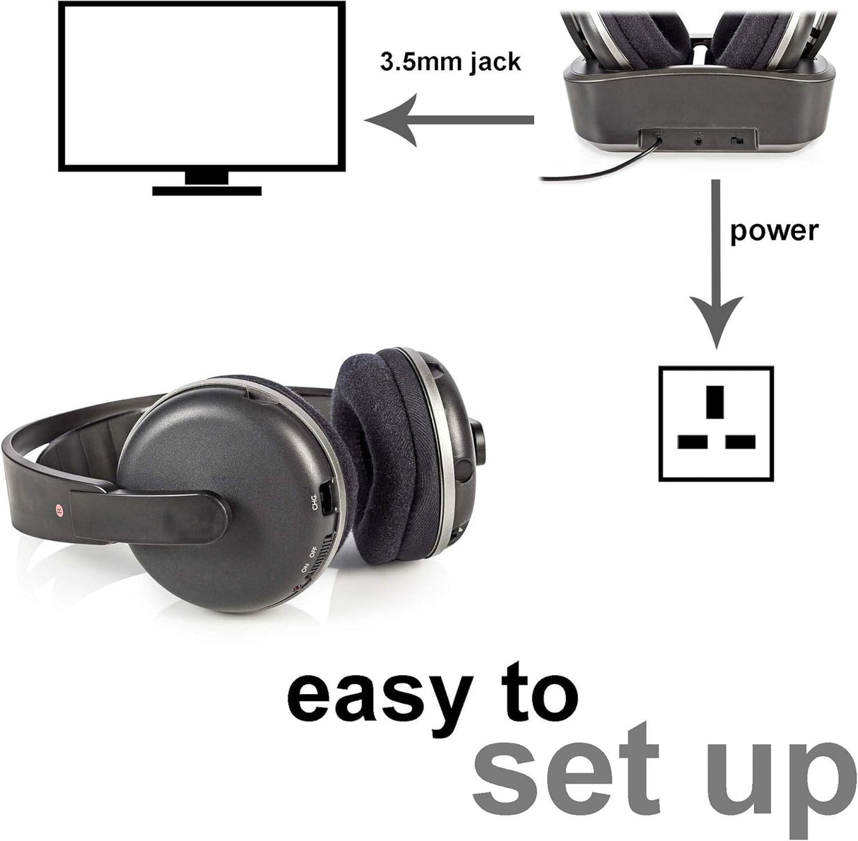 NEDIS Wireless TV Headphones | RF | Over-Ear | Maximum Battery Play Time: 11 hrs | 100 m | Digital Audio | Charging Dock | Black/Silver