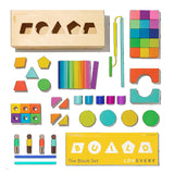 Lovevery | El Juego de Bloques | Bloques de Construcción y Piezas de Madera Maciza + Caja de Almacenaje de Madera, se Convierte en un Coche de Tracción, 70 Piezas, 20+ Actividades, Edad 12+ Meses