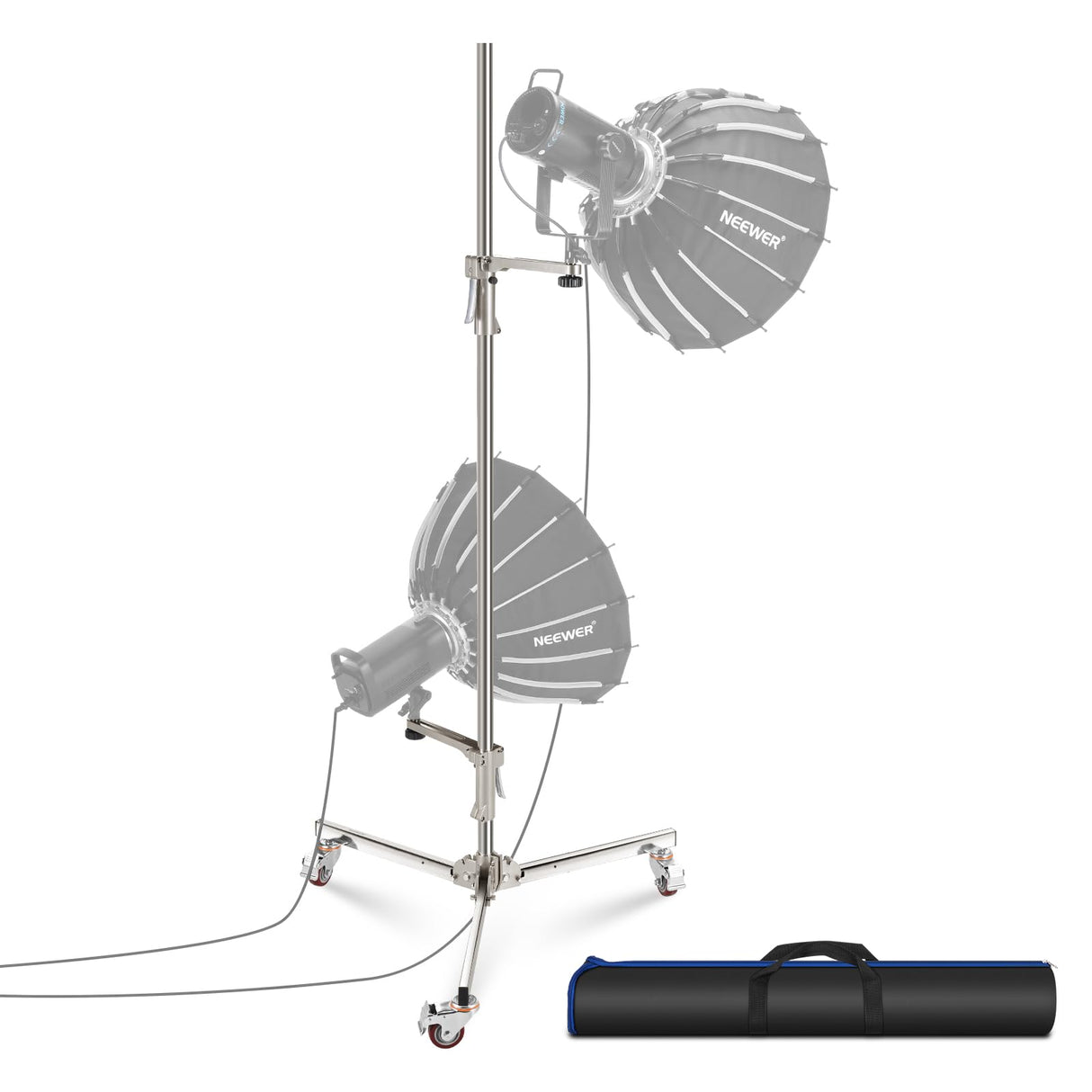 NEEWER Soporte de luz de Acero Inoxidable de 198 cm, Soporte de trípode Resistente con Ruedas giratorias, 2 Brazos deslizantes con Agarre de Pistola, Pata Plegable para fotografía, Caja de luz