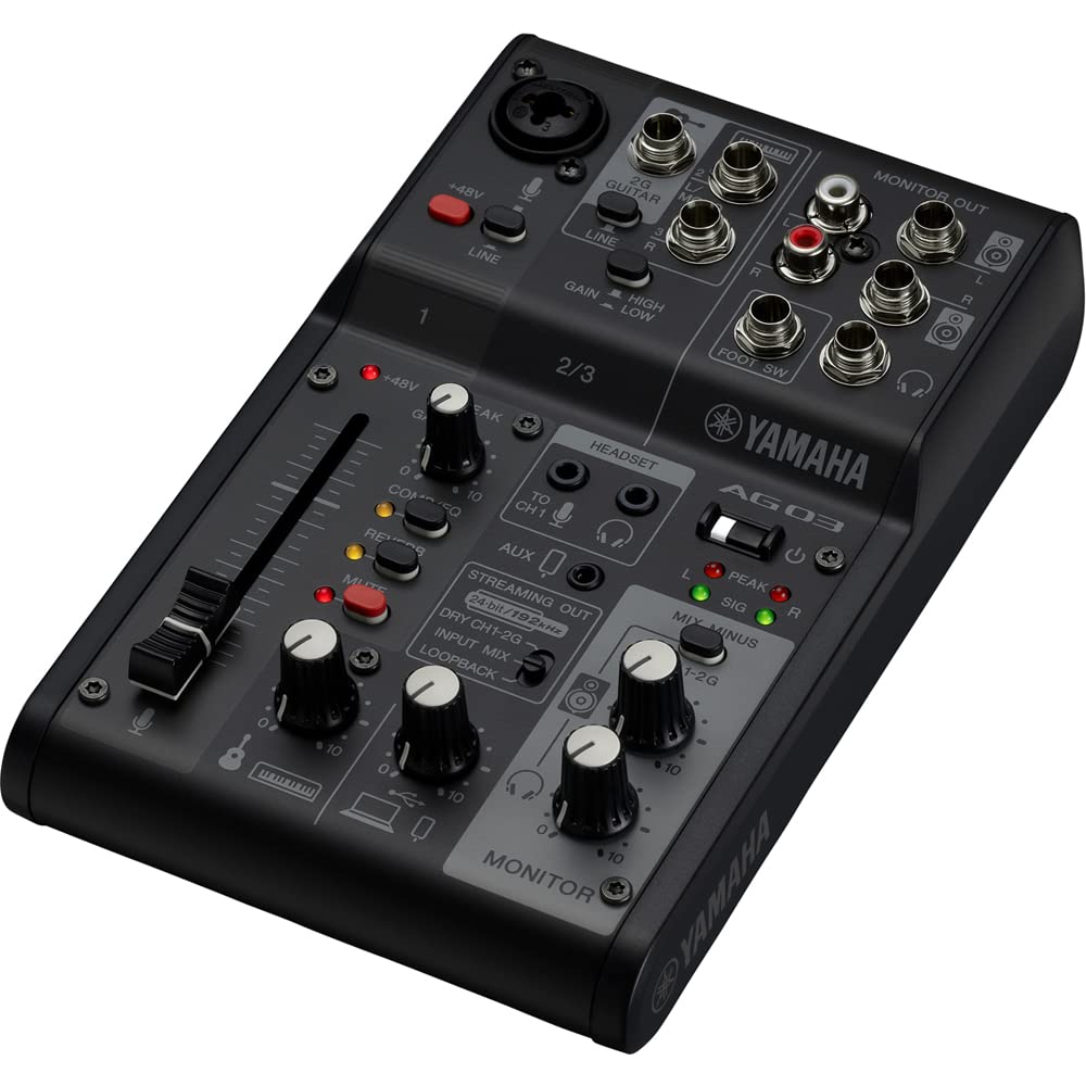 Yamaha AG03MK2 Mezclador de Transmisión en Vivo de 3 Canales con Interfaz de Audio USB, para Windows, Mac, iOS y Android, en Negro