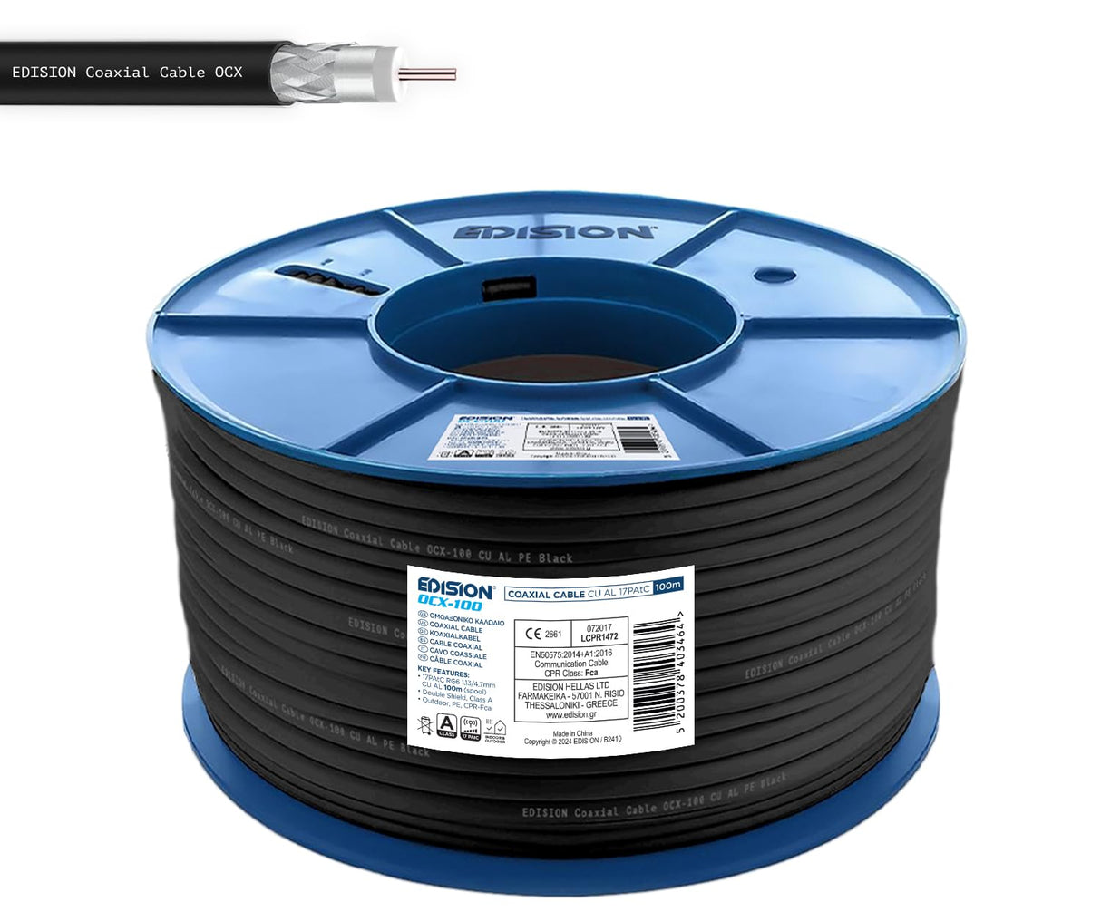 Edision OCX-100 Cable Coaxial 100m, Cable Antena TV Exterior/Interior PE Negro, Cobre CU/AL, 17PAtC, CPR Fca, Clase A, Cable Satélite, para DVB-S2, DVB-T/T2, DVB-C, RADIO, Bobina Plástico 100m