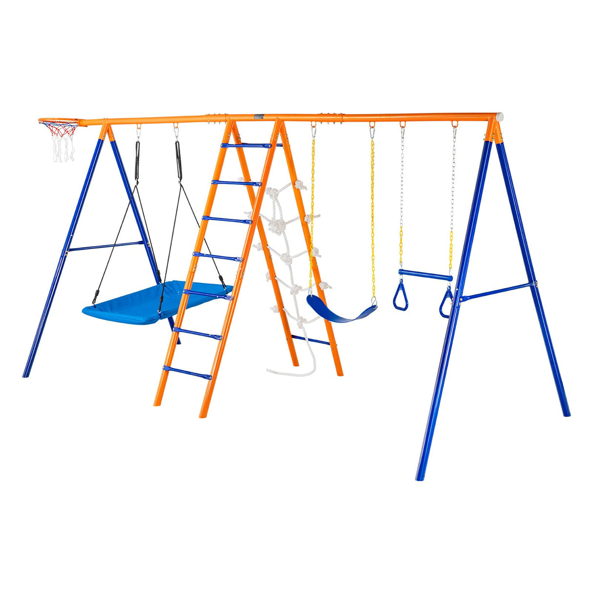 VEVOR 6 en 1 Juego de Columpios para Patio Trasero con 2 Columpios, Barra Trapecio, Escalera de Escalada, Red de Escalada y Aro de Baloncesto Capacidad de Carga 200KG para Niños a Partir de 3 Años
