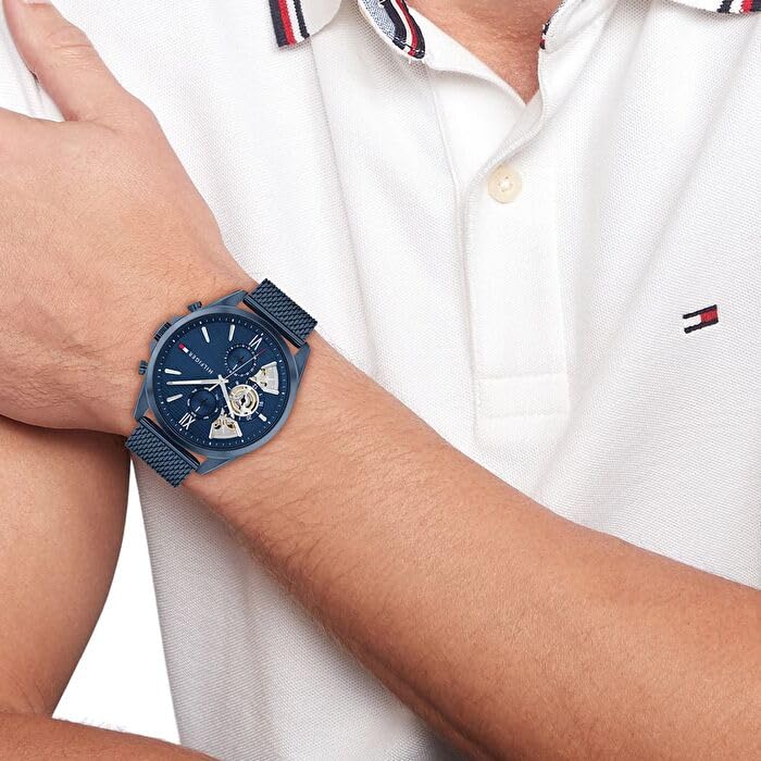 Tommy Hilfiger Reloj Analógico de Cuarzo Multifunción para Hombre con Correa de Malla de Acero Inoxidable Azul - 1710648