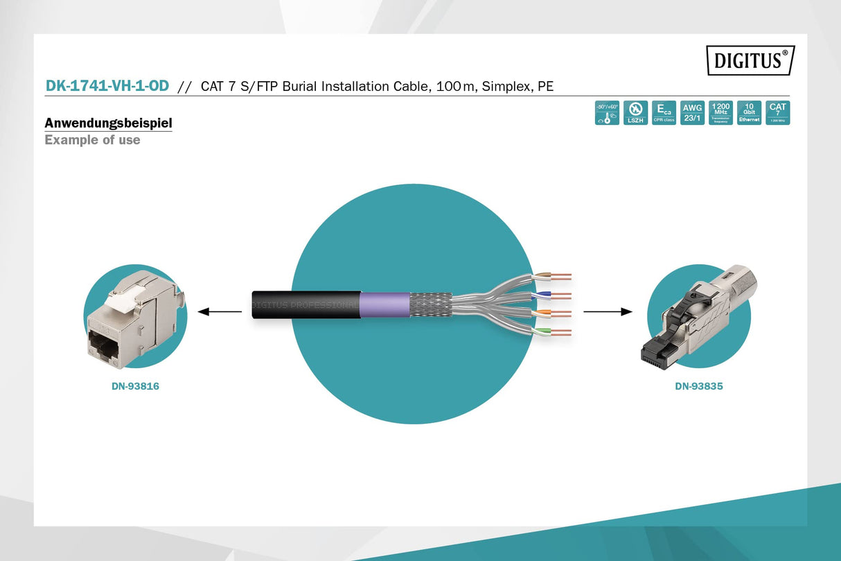 DIGITUS 100 m de Cable de red para exteriores Cat 7, S-FTP (PiMF) Simplex, BauPVO Eca, LSZH Libre de Halógenos, 1200 MHz Copper AWG 23/1, Compatible con PoE+, Cable de tierra instalación LAN, Negro
