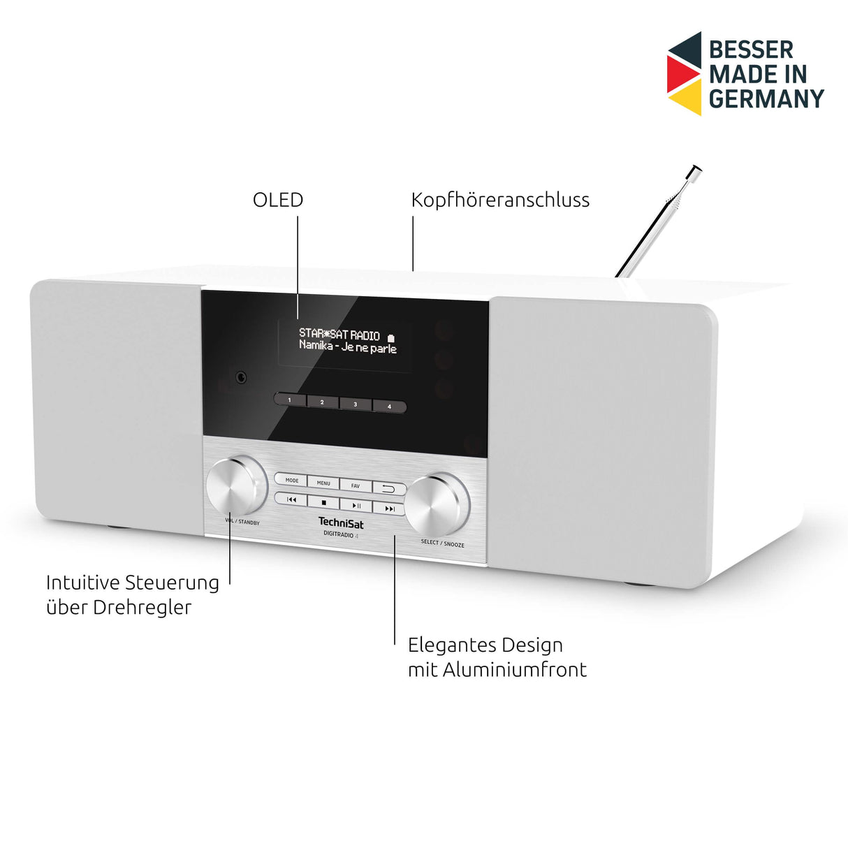 TechniSat DIGITRADIO 4 - Radio Dab estéreo (Dab+, FM, Bluetooth, Entrada para Auriculares, Entrada Auxiliar, Pantalla OLED, 20 W RMS, Altavoz Elac) Blanco