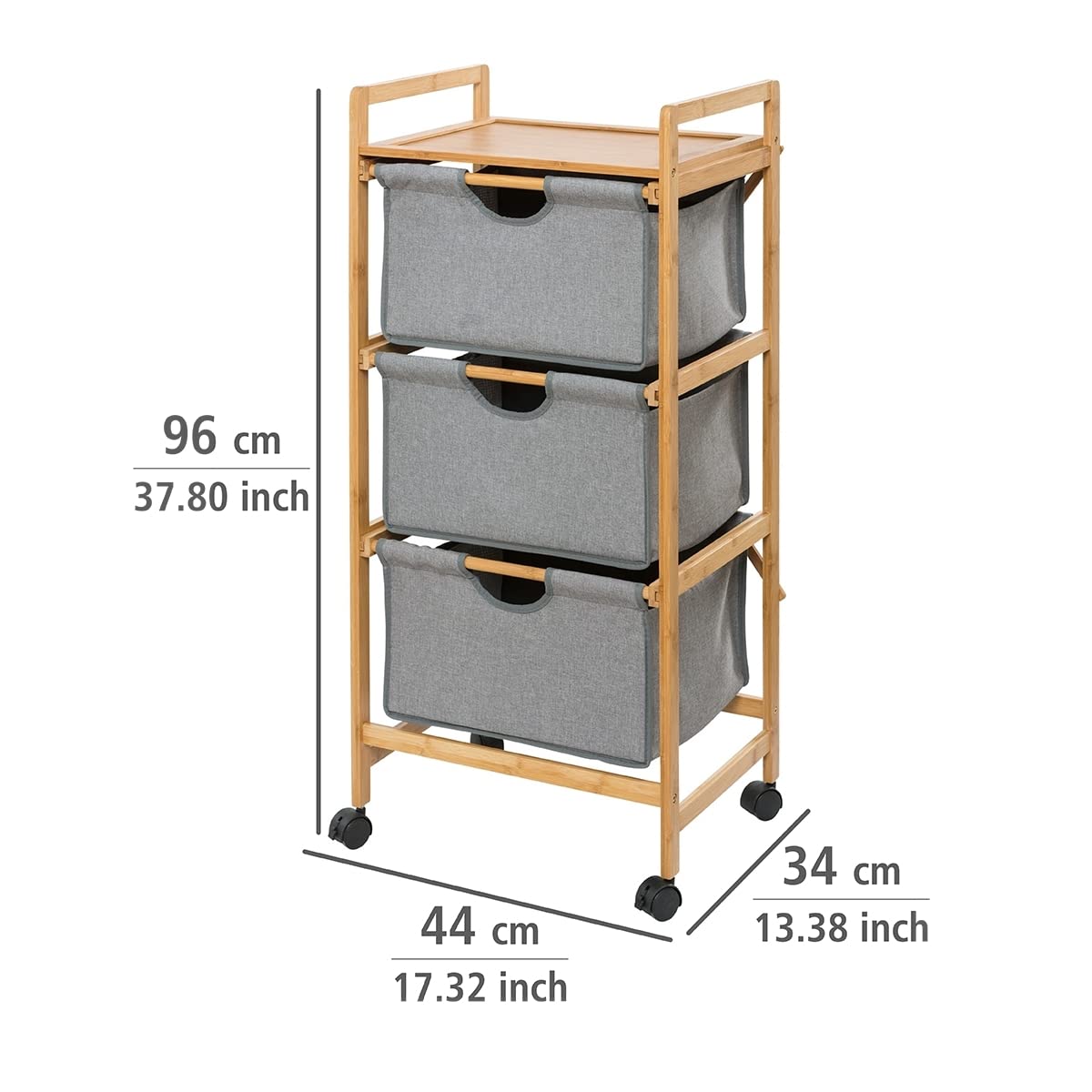 WENKO Carrito para la Colada Bahari con 3 cestas extraíbles, 100 poliéster, 44 x 96 x 34 cm, Color Natural/Gris, bambú, marrón