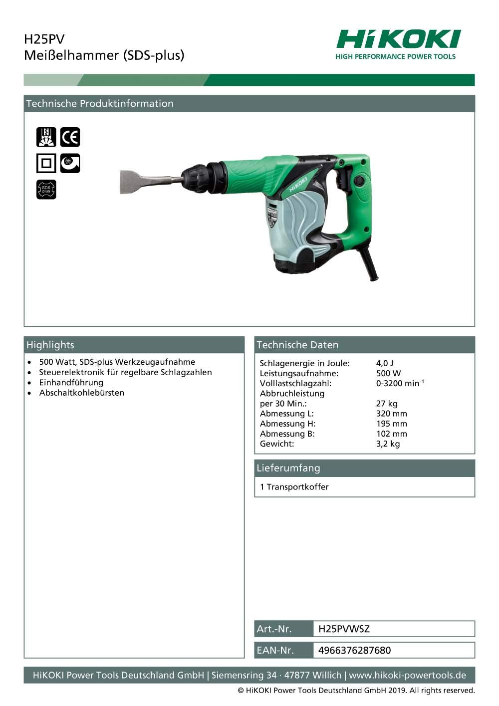 Hikoki H25PVWSZ - Martillo, 500 W, 230 V