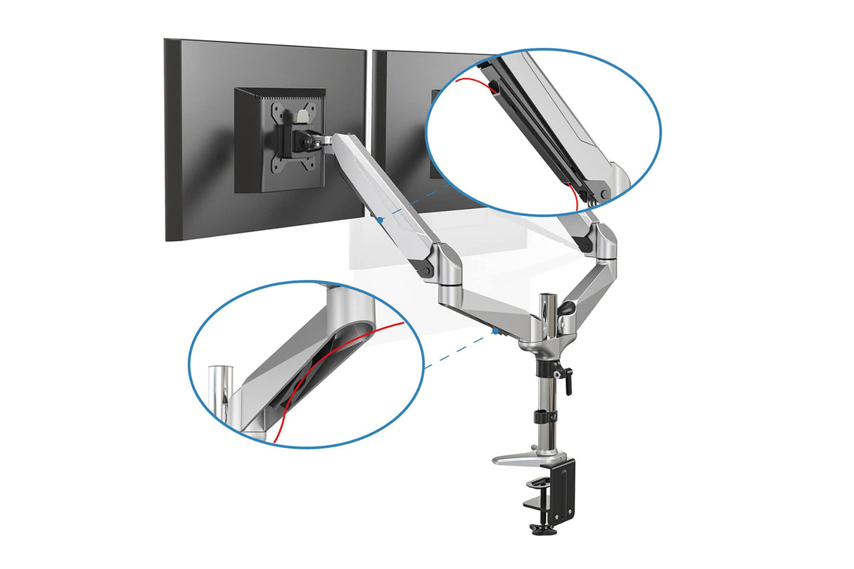 DIGITUS Soporte para monitor - Abrazadera y resorte de gas - 2 monitores - hasta 27 Pulgadas - hasta 2X 8 kg - VESA 75 & 100 - Plata/negro