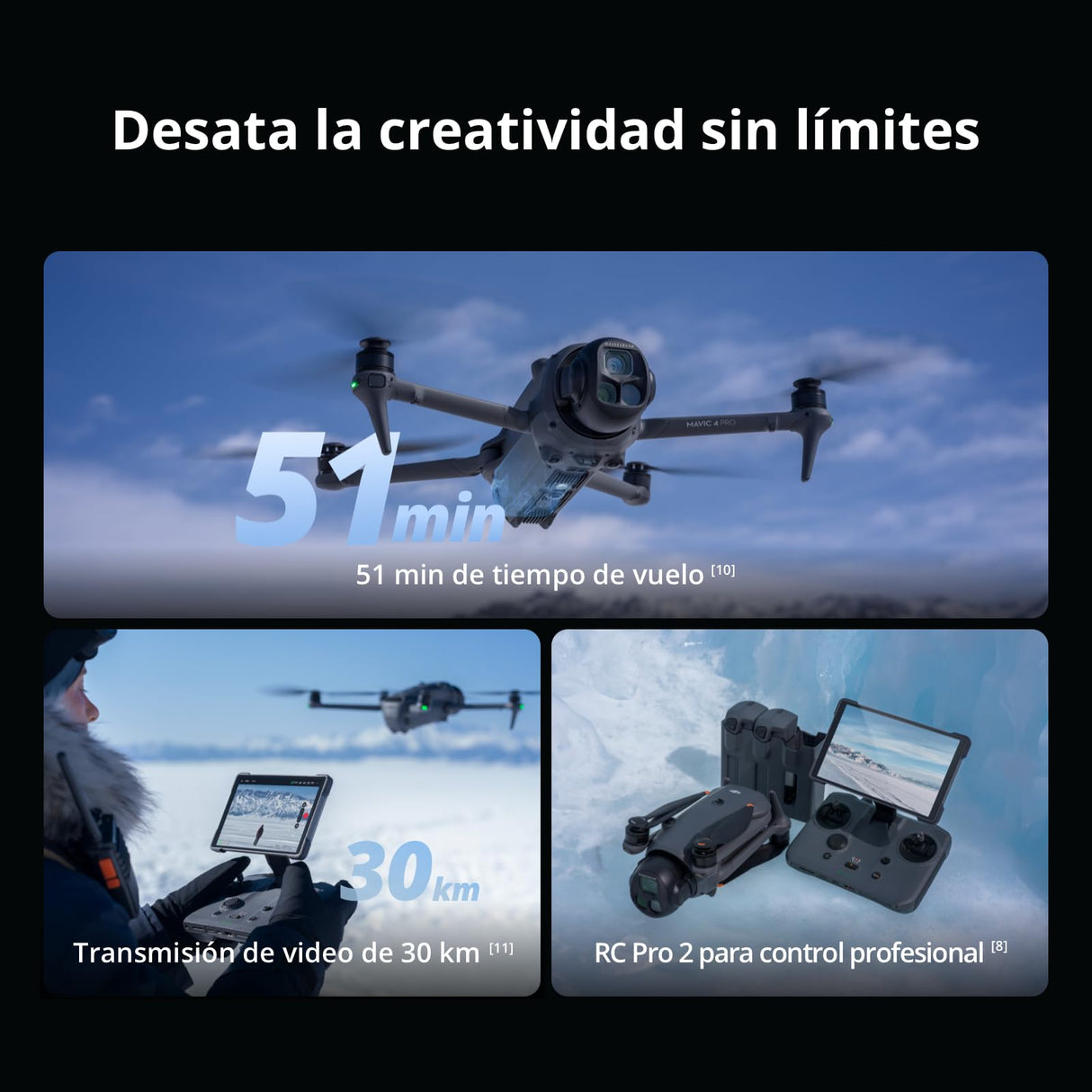 Pack para Creadores DJI Mavic 4 Pro 512 GB con DJI RC Pro 2, dron tricámara insignia con cámara Hasselblad de 100 MP y sensor CMOS 4/3, 51 min de tiempo de vuelo, tres baterías, centro de carga