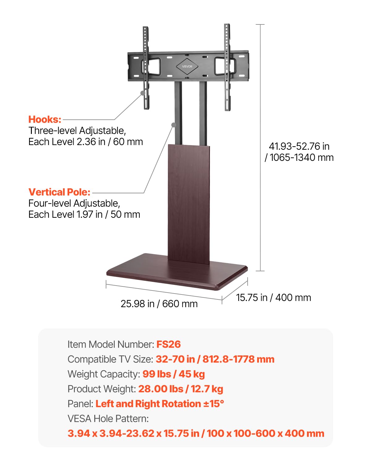 VEVOR Soporte de TV de Escritorio para Televisores de 812,8-1778 mm de hasta 45 kg, Rotación de 15° a la Izquierda y a la Derecha, Soporte de TV con Altura Ajustable y Estante para Sala de Estar